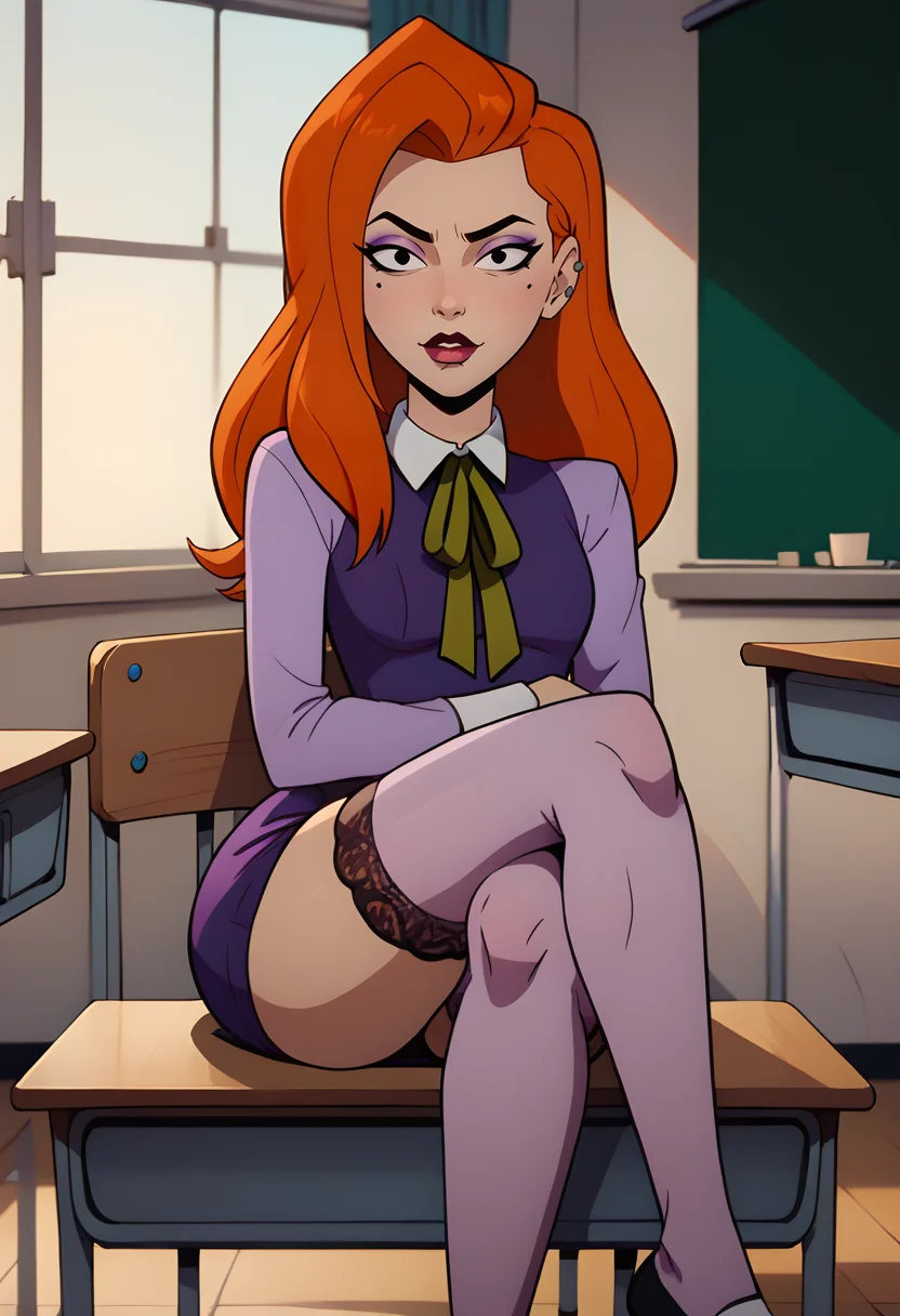 score_9, score_8_up, score_7_up,score_6_up, source_cartoon, classroom, 
BREAK
 d4phn3, 1girl, long hair, orange hair, makeup, piercing, looking at viewer, pursed lips, purple dress, green ribbon, sitting, crossed legs,thighhighs,   <lora:daphne-08:0.85> <lora:EDmanga-09:0.8>
