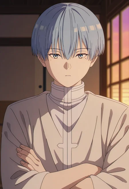 masterpiece, best quality, intricate details, anime screencap, , , , depth of field, 1boy, solo, male focus, <lora:himmel_sousou_no_frieren_ilxl:1>, himmel_sousou_no_frieren, blue hair, blue eyes, short hair, bangs, hair between eyes, mole under eye, straight-on, dojo, dusk, crossed arms, distracted, aloof, oblivious,