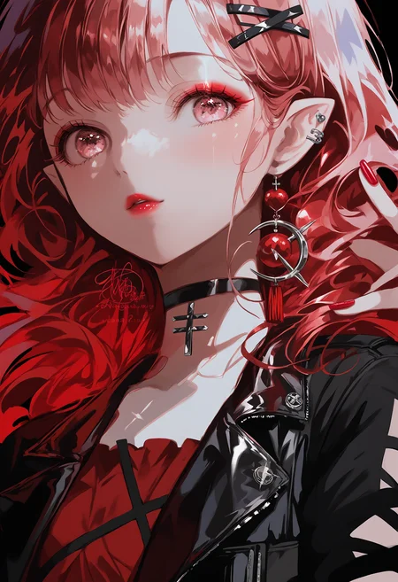 score_9, score_7_up,source_anime,rating_explicit,uncensored,anatomically correct,best perspective BREAK
<lora:O_Hyatsu_4:1> o hyatsu 4 style
1girl, earrings, pointy ears, petite, leather jacket, black choker, red nails, red eyeshadow, lipstick, looking at viewer, x hair ornament,