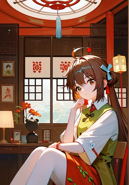 masterpiece,best quality,score_9,score_8_up,score_7_up,best quapoty,highres,absurdres,source_anime,<lora:xinkeniang-000095:0.7>,indoors,(xin ke niang:1.2),1girl,solo,(ahoge:1.1),brown hair,(brown eyes:1.1),