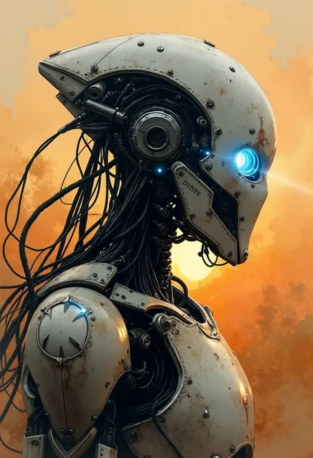 A bold inkplash-meets-watercolor wash artwork, expertly painted on rice paper using rich sepia, burnt henna, and ink-black hues. a high-end battle android with white faceplate, glowing blue optical sensors, chrome wires and glowing lights and circuitry, in the style of Sauron from Lord of the Rings, robot joints and cables, sunset, silhouetted, chiascuro, dark sci-fi background