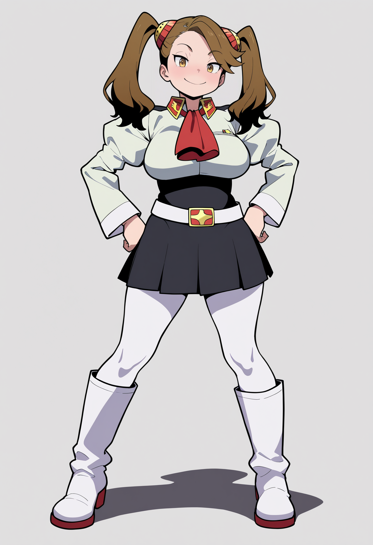 best quality, amazing quality, very aesthetic, absurdres,
1girl, kaoruko, brown hair, brown eyes, twintails, hair ornament,
large breasts, red ascot, juliet sleeves, puffy sleeves,
high-waist black skirt, belt, white pantyhose, low black boots,
hands on hips, full body, contrapposto, standing,
smile, looking at viewer, solo, simple background, white background,    <lora:KaorukoSazakiNoobXL_byKonan:1>