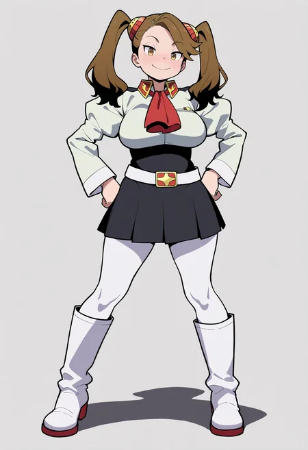 best quality, amazing quality, very aesthetic, absurdres,
1girl, kaoruko, brown hair, brown eyes, twintails, hair ornament,
large breasts, red ascot, juliet sleeves, puffy sleeves,
high-waist black skirt, belt, white pantyhose, low black boots,
hands on hips, full body, contrapposto, standing,
smile, looking at viewer, solo, simple background, white background, <lora:KaorukoSazakiNoobXL_byKonan:1>