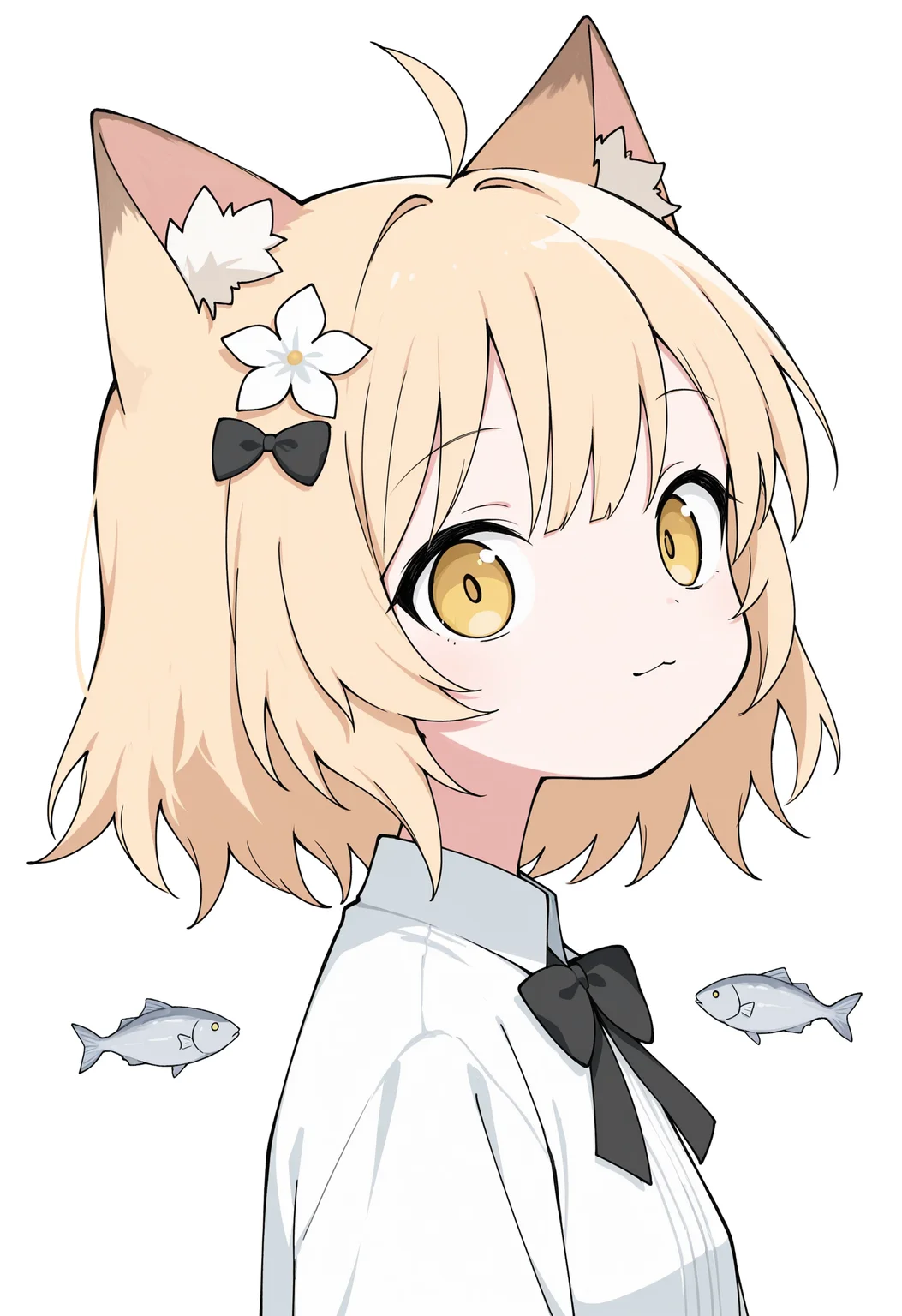 (masterpiece), (best quality), (ultra-detailed), amazing quality, very aesthetic, illustration, newest, colorful, <lora:odayaka_style:1>, odayaka-ill,
1girl, :3, ahoge, animal ear fluff, animal ears, black bow, blonde hair, bow, cat ears, cat girl, fish, flower, from side, hair flower, hair ornament, light smile, looking at viewer portrait, shirt, short hair, solo, white background, white shirt, yellow eyes