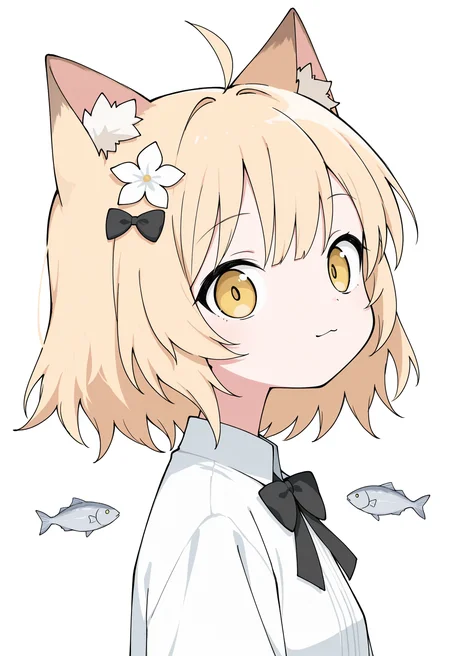 (masterpiece), (best quality), (ultra-detailed), amazing quality, very aesthetic, illustration, newest, colorful, <lora:odayaka_style:1>, odayaka-ill,
1girl, :3, ahoge, animal ear fluff, animal ears, black bow, blonde hair, bow, cat ears, cat girl, fish, flower, from side, hair flower, hair ornament, light smile, looking at viewer portrait, shirt, short hair, solo, white background, white shirt, yellow eyes