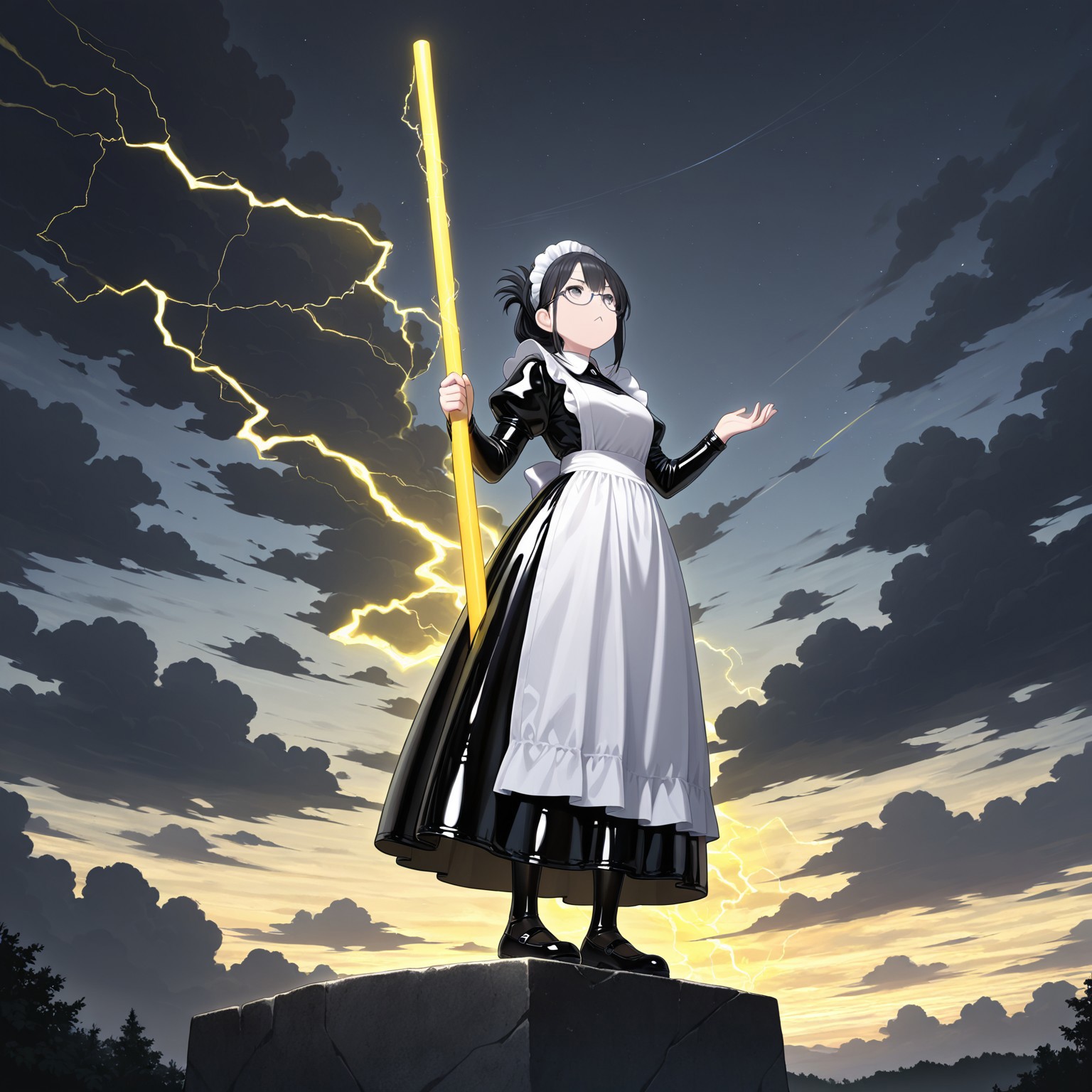 lazympos, 1girl, solo, maid, whole body, mary janes, white apron, maid headdress, latex dress, long dress, black hair, folded ponytail, glasses, gray eyes, holding copper pole with both hands, :<, dark sky, (dark clouds:1.2), thunderstorm, (yellow lightning:0.8), looking up, low angle