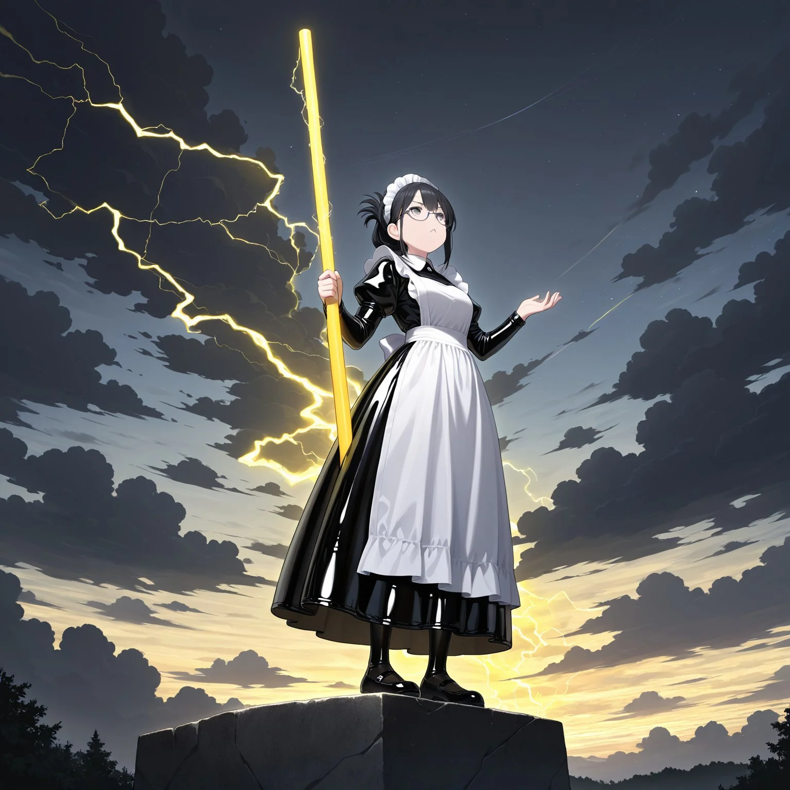 lazympos, 1girl, solo, maid, whole body, mary janes, white apron, maid headdress, latex dress, long dress, black hair, folded ponytail, glasses, gray eyes, holding copper pole with both hands, :<, dark sky, (dark clouds:1.2), thunderstorm, (yellow lightning:0.8), looking up, low angle