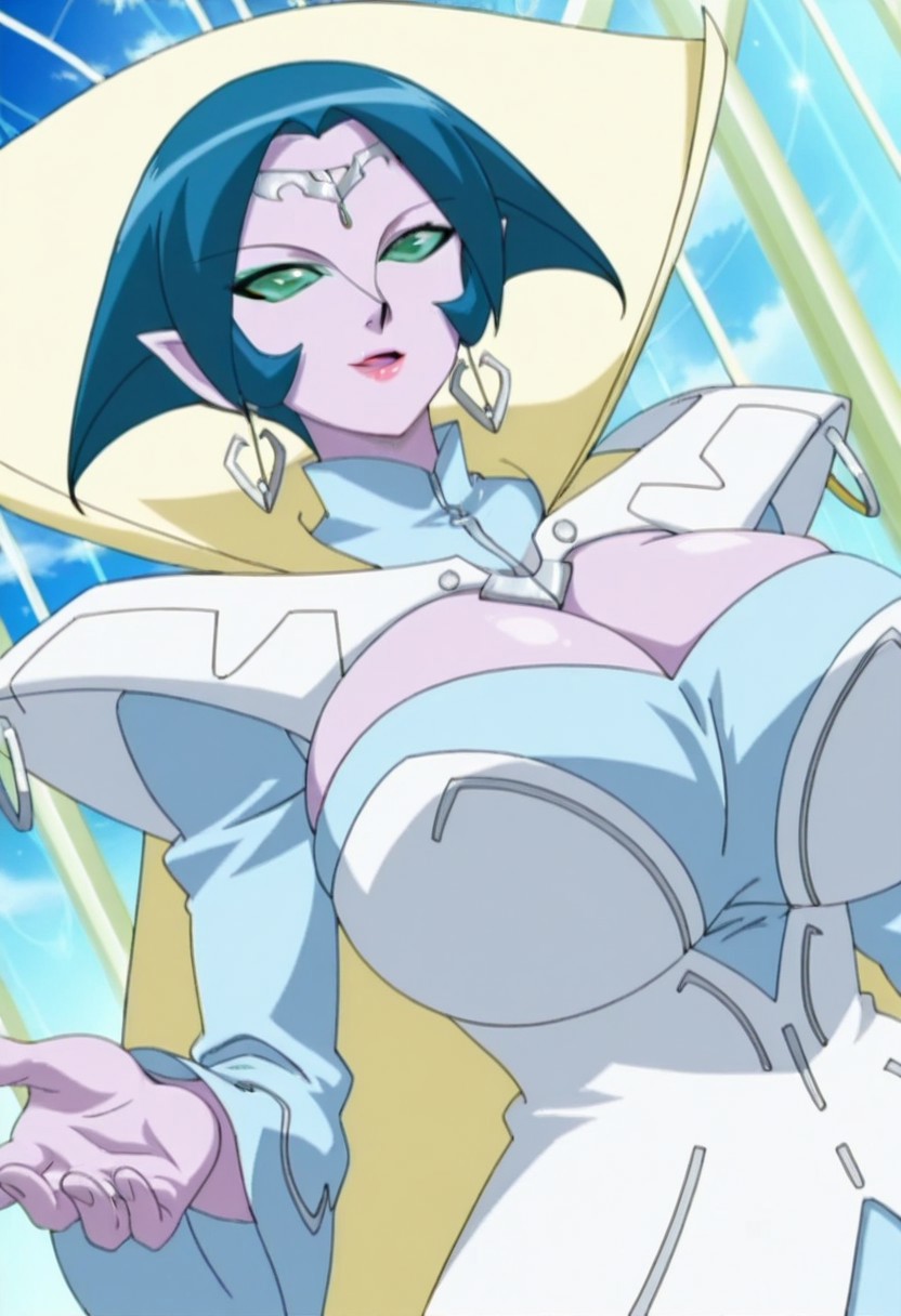 anime screencap,anime coloring,dutch angle,SerenaSheen,colored skin,blue hair,short hair,green eyes,pointy ears,lipstick,jewelry,earring,dress,gigantic breasts,smile,open mouth,reaching out