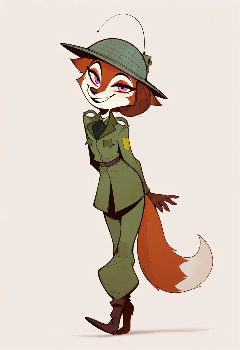score_9, score_8_up,masterpiece, best quality, amazing quality, masterpiece, best quality, amazing quality, very aesthetic, high resolution, ultra-detailed, absurdres, newest,
Simple background,
full body,
solo, 1girl,
hands behind back, aloof,
cheeky smile, sly expression,
Mouritzeen, fox, purple eyes, red fur, white face, expressive eyebrows, military uniform, olive green jacket, green pith helmet, retro military style,