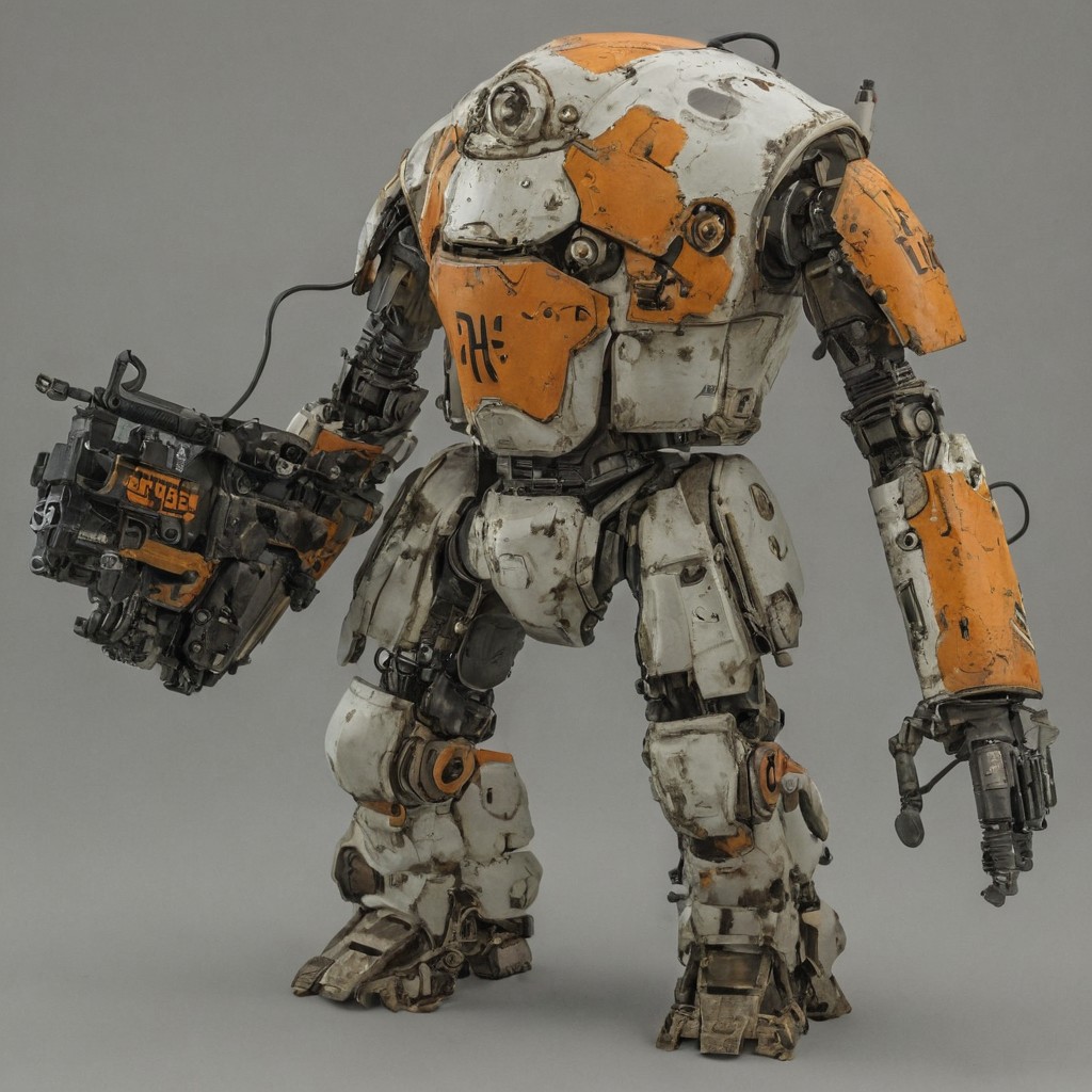 Image features a detailed, stylized robot with a predominantly white and orange color scheme. The robot has a cylindrical head with an orange top and a white body, featuring the text 'CIVIC DEFENSE' in black, along with a 'CAUTION' label. It has a large, multi-barreled gun attached to its right arm, with ammunition belts feeding into it. The left arm has a smaller, more intricate mechanical design. The robot's legs are sturdy and mechanical, with orange and white detailing. The overall design is industrial and futuristic, with a focus on functionality and defense.
Wide range of colors., Dramatic,Dynamic,Cinematic,Sharp details
Insane quality. Insane resolution. Insane details. Masterpiece. 32k resolution.
<lora:add-detail-xl:0.95> <lora:dvr-lnds-sdxl:0.3> dvr-lnds-sdxl <lora:MJ52:0.25> <lora:ral-apoctvisn-sdxl:0.3> ral-apoctvisn <lora:zavy-cntrst-sdxl:0.35> dark, chiaroscuro, low-key <lora:zavy-rmlght-sdxl:0.41> zavy-rmlght <lora:SDXLFaeTastic2400:0.225>