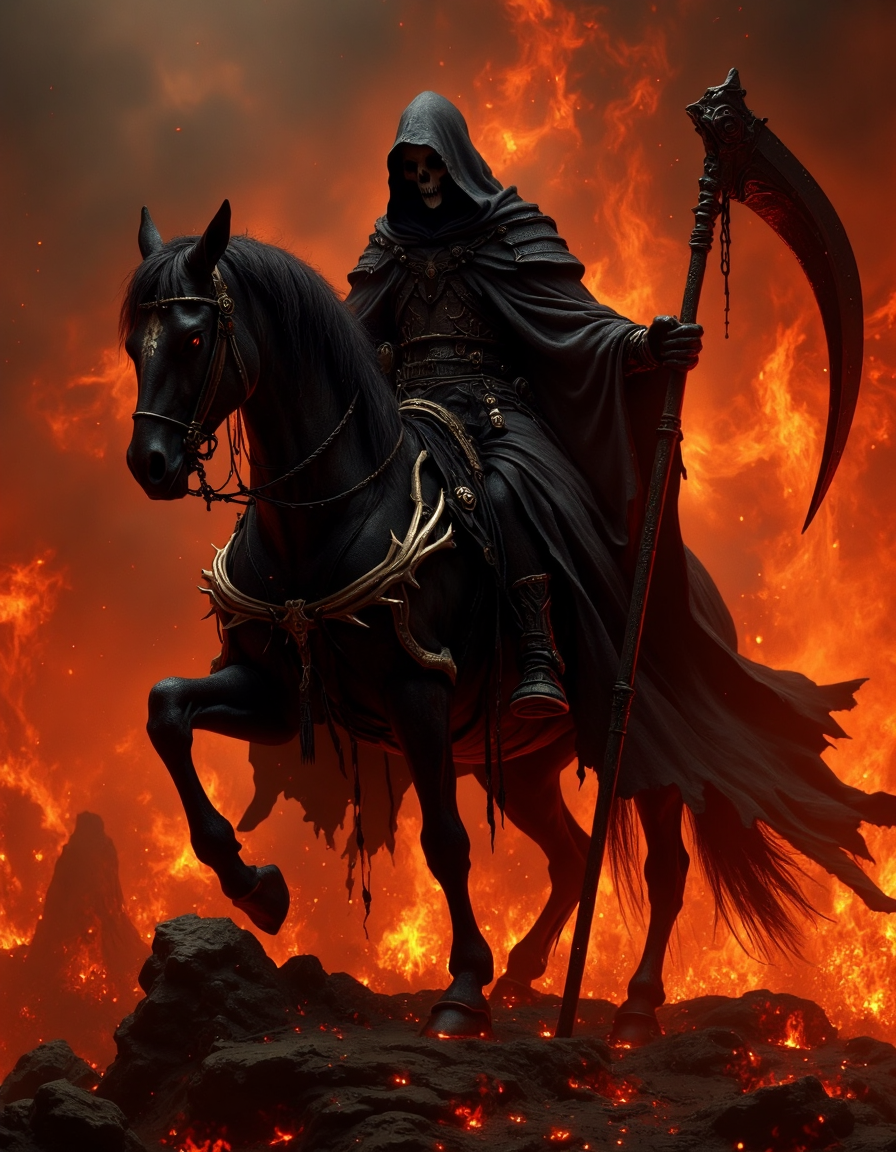 Dark grim reaper figure, mounted on skeletal steed, against fiery, apocalyptic backdrop.  Reaper, skeletal face, dark hooded cloak, substantial leather armor, wields large scythe.  Steed, skeletal structure,  decorated with sharp bone protrusions,  glowing embers.  Fiery,  orange-red volcanic landscape,  streaked with chaotic patterns of smoke and fire,  form the background. Dramatic, high-contrast lighting, emphasizing the silhouette of the figures.  Detailed textures of the reaper's cloak, armor, and the skeletal horse;  heavy, substantial materials implied through visual clues/textures.  Full view;  high-angle perspective.  Dark, dramatic atmosphere of imminent catastrophe.  Artistic style combines dark fantasy and dramatic realism, with a heavy emphasis on detail.  Epic scale, and a mood of inexorable fate., hkmagic, <lora:FantasyWizardWitchesFluxV2-000001:0.9>, <lora:Dever_Flux_Enhancer:0.4>, <lora:Elden_Ring_-_Yoshitaka_Amano:0.4>
