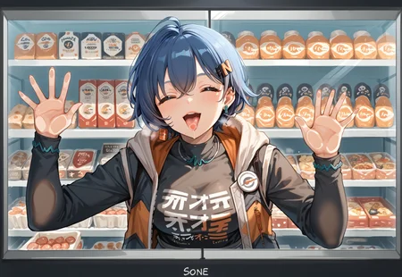 safe_pos, score_9,score_8_up,score_7_up,score_6_up,score_5_up,score_4_up,score_anime, portrait, close up, 1girl, facing viewer, slim, glasslick, licking glass, tongue on glass, Belle_(Zenless_Zone_Zero), eyes closed, blue hair, short hair, ahoge, medium breasts, hair ornament, earrings, black shirt, open jacket, single thighhigh, clothes writing, condensation, hot breath, big boobs, wide hips, leaning forward, blurry background, behind glass, breath on glass, in shop window, video store, vhs store,