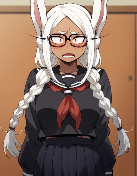score_9, score_8_up, score_7_up, source_anime, <lora:rumi-usagiyama-ponyxl-lora-nochekaiser:1>, rumi usagiyama, long hair, animal ears, white hair, dark skin, rabbit ears, dark-skinned female, rabbit girl, red eyes, parted bangs, large breasts, <lora:jimiko-ponyxl-lora-nochekaiser:1>, jimiko, glasses, black-framed eyewear, messy, unkempt, thick eyebrows, twintails, braids, freckles, baggy eyes,, blush, open mouth, embarrassed, classroom, adjusting eyewear, serafuku, black serafuku, red neckerchief, skirt, black skirt, pleated skirt, cowboy shot, <lora:averting-eyes-ponyxl-lora-nochekaiser:1>, averting eyes,