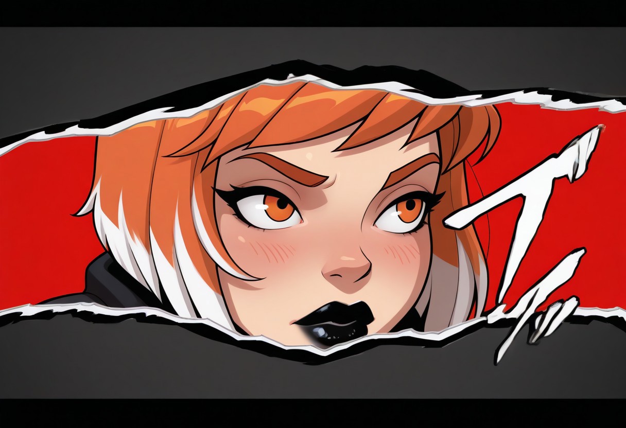 masterpiece, best quality, mrporty,g0thic, neon, close-up, cowboy shot, BREAK, 1girl, (blush:0.7), orange hair, (white hair wicks:0.9), (two tone hair:0.8), orange eyes, black lipstick, short hair, cute, letterboxed, sound effects, style parody, cut-in, simple background, border