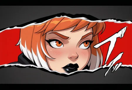 masterpiece, best quality, mrporty,g0thic, neon, close-up, cowboy shot, BREAK, 1girl, (blush:0.7), orange hair, (white hair wicks:0.9), (two tone hair:0.8), orange eyes, black lipstick, short hair, cute, letterboxed, sound effects, style parody, cut-in, simple background, border