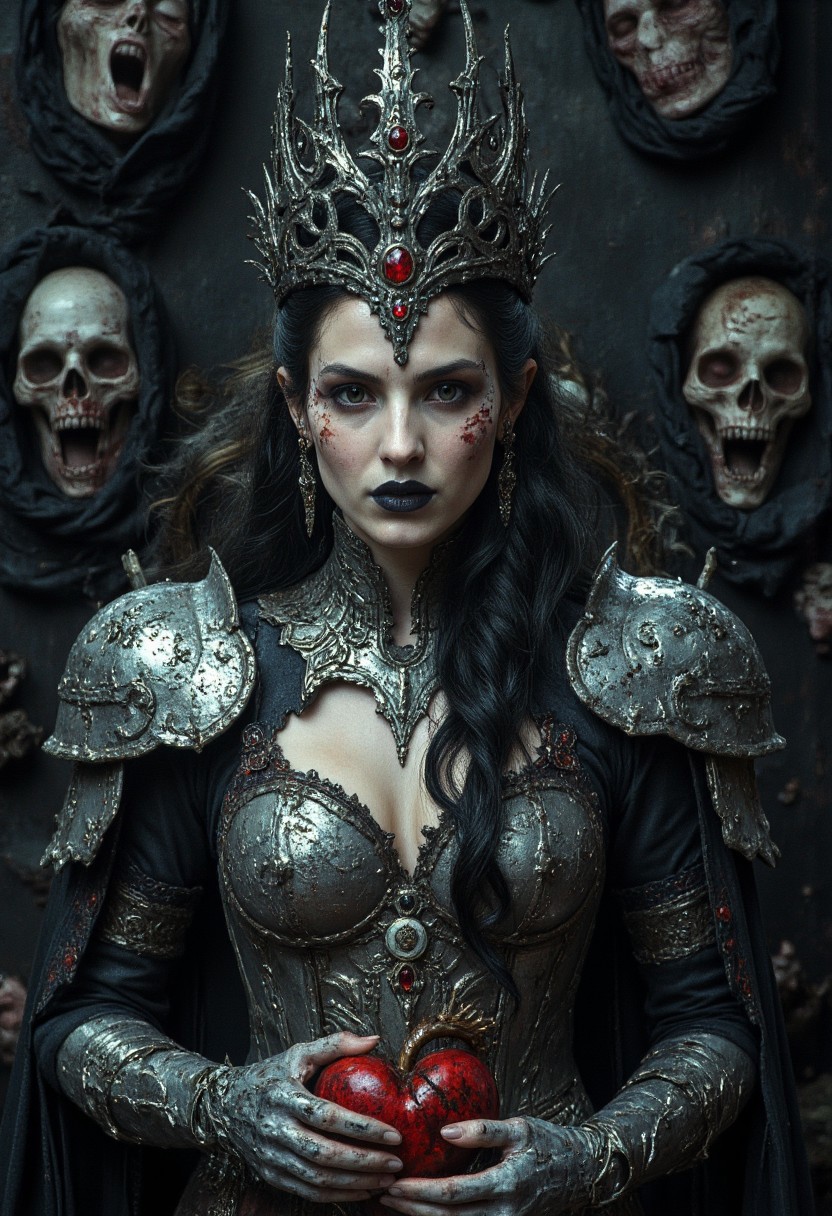 Ultra-detailed Face Closeup portrait of a Dark Empress at the zenith of her unholy reign—a voluptuous sovereign of blood and shadows. Her face is a flawless vision of cruel divinity: high, sculpted cheekbones carved from malice, skin like moonlit obsidian stretched over eternal beauty. Her full lips—glossed black and parted just enough—reveal fangs wet with the venom of a thousand betrayals. Her eyes burn crimson with the ancient hunger of forgotten empires, their glow casting fractured reflections across her towering (blackened silver pauldrons:1.4), which strain over her buxom, armored chest.
A towering crown of fused vertebrae and shattered halos coils into her long, jet-black hair like a serpentine halo, whispering blasphemies in a language older than sin. Coagulated blood-mist (1.5) coils lovingly around her curves, as if worshipping the very air she corrupts. Her armored corset is etched with scenes of martyrdom, every engraved line filled with sacred ash and scorched devotion.
In one clawed gauntlet, she holds a still-beating heart—its rhythm in sync with the agony of the world—while the other hand delicately balances a twisted spine-scepter, strung with the wedding rings of her victims. Behind her rises a cathedral of living shadows, the ribcage of a forgotten god stretched into her throne. (Screaming faces press outward from the walls:1.6), their lips stitched shut with strands of her own silver-threaded hair.