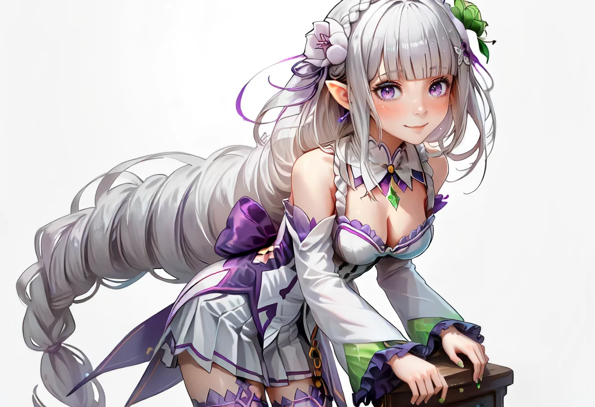 score_9,score_8_up,score_7_up,score_6_up,score_5_up,score_4_up,<lora:Anime_Style_For_Pony:0.9>,source_anime,perfect eyes,<lora:Emilia_ReZero_pony:0.9>,emilia_rezero_pony,1girl,blunt bangs,blush,cleavage,closed mouth,detached collar,detached sleeves,frilled sleeves,frills,green gemstone,hair flower,hair ornament,hair ribbon,long hair,long sleeves,looking at viewer,medium breasts,miniskirt,pleated skirt,pointy ears,purple eyes,purple ribbon,simple background,single braid,smile,solo,standing,thighhighs,very long hair,white background,white flower,white hair,white skirt,white sleeves,zettai ryouiki,