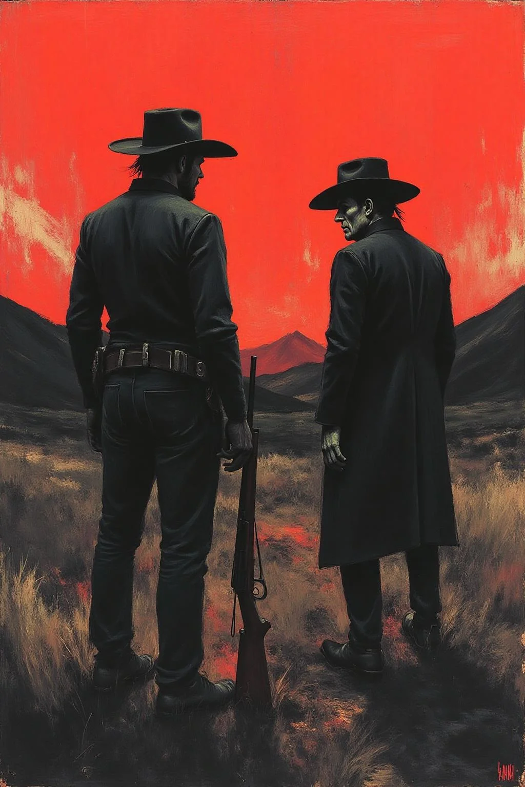apoca1 illustration. a painting of two men, dressed in dark clothing, are facing each other. The man on the left is dressed in a long sleeved, long-sleeved shirt, pants, and a hat, and he is holding a rifle in his right hand. His left hand is resting on his hip, while his right arm is bent at the elbow. The second man, dressed as a cowboy, is facing the right, with his head turned towards the left. He is facing away from the viewer, and his shadow is cast on the right side of the frame. The background is a vibrant red, with a mountain range in the background. <lora:apocalypse_now4_nocap_d4a2:0.8><lora:803165365741026926:0>