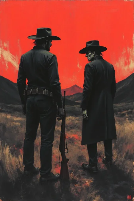 apoca1 illustration. a painting of two men, dressed in dark clothing, are facing each other. The man on the left is dressed in a long sleeved, long-sleeved shirt, pants, and a hat, and he is holding a rifle in his right hand. His left hand is resting on his hip, while his right arm is bent at the elbow. The second man, dressed as a cowboy, is facing the right, with his head turned towards the left. He is facing away from the viewer, and his shadow is cast on the right side of the frame. The background is a vibrant red, with a mountain range in the background. <lora:apocalypse_now4_nocap_d4a2:0.8><lora:803165365741026926:0>