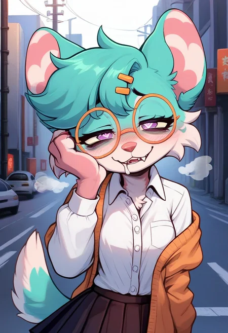 (source_furry, source_cartoon, score_9, score_8_up, score_7_up, score_6_up, score_5_up, score_4_up), BREAK solo, 1girl, furry, berrsea, dog, pink nose, hair tuft, purple eyes, eyelashes, (chimera fur, (left half of body pink fur), right half of body aqua fur, stripes, striped fur), claws, smug, bags under eyes, blushing, steam, parted lips, heavy breathing, perverted look, heart pupils, drool, hugging self, orange glasses, round eyewear, hairclips, white button-up shirt, ribbon, pleated skirt, outdoors, urban environment, medium-shot, portrait