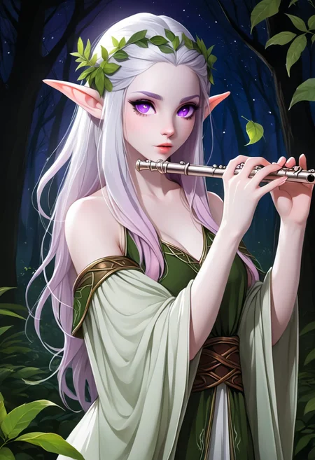 score_9, score_8_up, score_7_up, Beautiful female elven druid, purple eyes, silver hair. pale pink skin, playing a flute, magic, leaves as clothes, Forest in the background, night, beautiful ilustration, silver moon