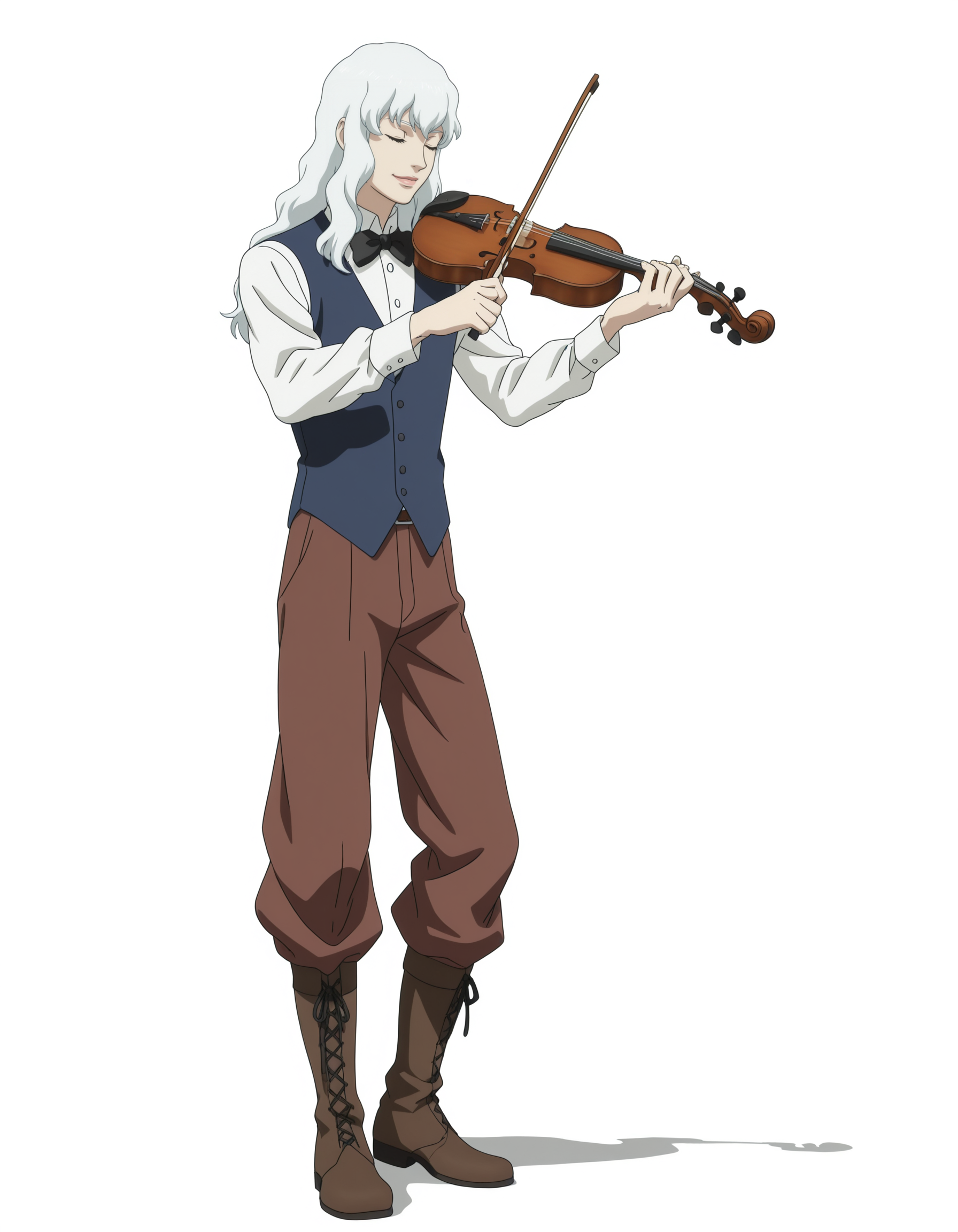 full body, solo, perfect composition, shadows, shading, <lora:anime_screencap-Illustrious:0.65> anime screencap, anime coloring, very aesthetic, absurdres, zPDXL, <lora:Pony_DetailV2.0:0.5> <lora:illustrious_quality_modifiers_masterpieces_v1:1>
<lora:gr1tt1h-000013:1> gr1tt1h, 1boy, blue eyes, closed eyes, long hair, white hair, bowtie, male focus, smile, defined lips, holding violin, playing instrument, posing,
white shirt, blue vest, brown pants, boots,
white background, simple background,