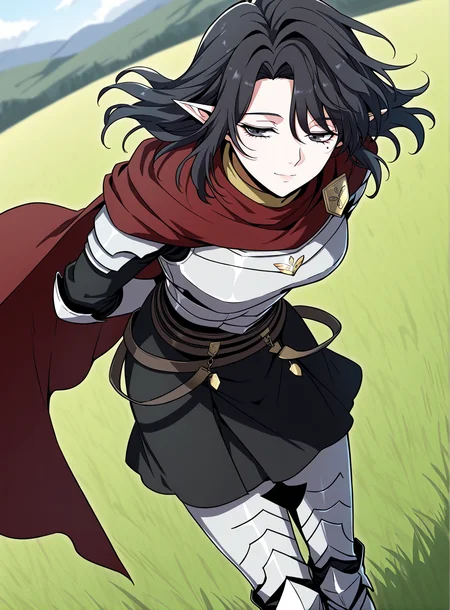 <lora:Aya_Grephin__The_Beginning_After_the_End__Illustrious:1>
1 girl, solo, female elf, medium length black hair, pointed ears, mole under left eye, black eyes,
dark red cape, red scarf, golden crest, white chest armor, silver gauntlets, armored gloves, black undershirt, dark skirt armor, waist belts, thigh armor, armored boots, cloak fluttering, fantasy knight outfit, fantasy style
score_9, score_8_up, score_7_up, very aesthetic, source_anime, detailed, high quality, beautiful, masterpiece, detailed eyes, field, blurry background, pose dynamic angle, upper body, cowboy shot, light smile, floating hair, half-closed eyes, hands behind back, leaning forward, looking forward, looking at viewer