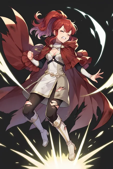 score_9, score_8_up, score_7_up, score_6_up, source_anime BREAK 1girl, solo, <lora:feanna-pdxl-nvwls-v1-000005:1> <lora:feh-style-richy-v1_pdxl:1> fatesanna, red hair, ponytail, maroon cloak, white dress, cleavage, harness, pantyhose, white boots, fehdmg, torn clothes, full body, standing, black background, simple background, jumping, wince, clenched teeth