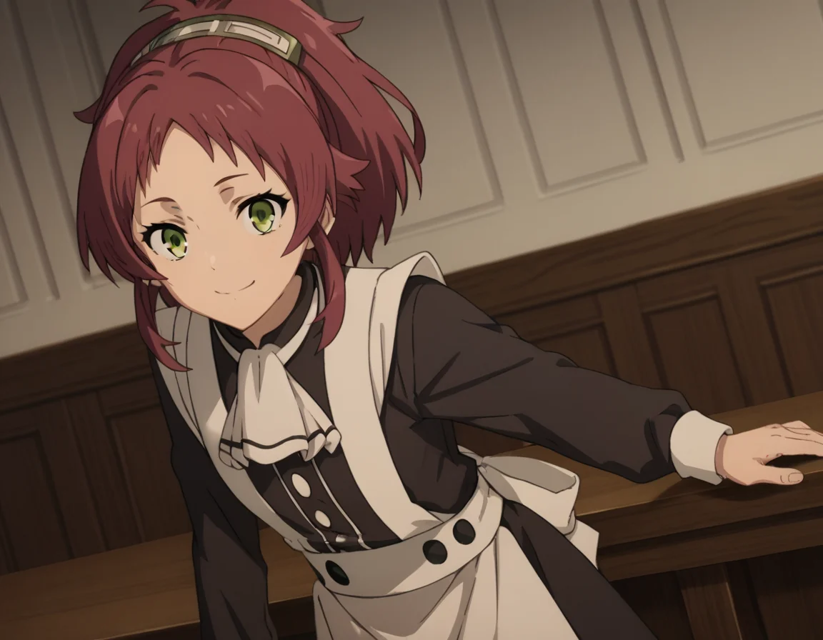 score_9, score_8_up, score_7_up, source_anime,
aishagreyrat, <lora:aisha-greyrat-s2-ponyxl-lora-nochekaiser:1>,
aisha greyrat, green eyes, ponytail, red hair,
long sleeves, apron, maid, ascot, white apron, white ascot,
indoors, bent over, smile,
solo, dutch angle, looking at viewer, cowboy shot,