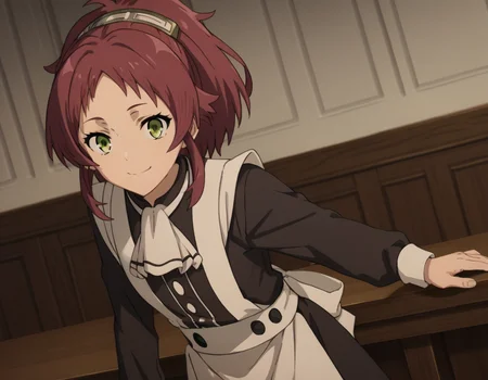 score_9, score_8_up, score_7_up, source_anime,
aishagreyrat, <lora:aisha-greyrat-s2-ponyxl-lora-nochekaiser:1>,
aisha greyrat, green eyes, ponytail, red hair,
long sleeves, apron, maid, ascot, white apron, white ascot,
indoors, bent over, smile,
solo, dutch angle, looking at viewer, cowboy shot,