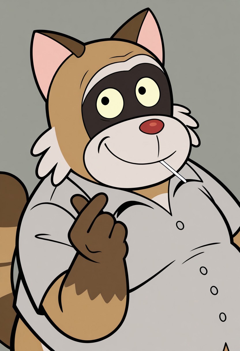 r4s, gray background, abstract background, 1boy, solo, chubby, fat, belly, overweight, cartoon, male, anthro, raccoon, short ears, brown fur, white eyebrows, black eyes, yellow sclera, dark brown fur, red nose, white snout, raccoon tail, white fur on cheeks, light yellow sclera, three tone fur, gray shirt, BREAK  looking at viewer, smile, lollipop in mouth, close-up, from above, happy face, side view, finger heart