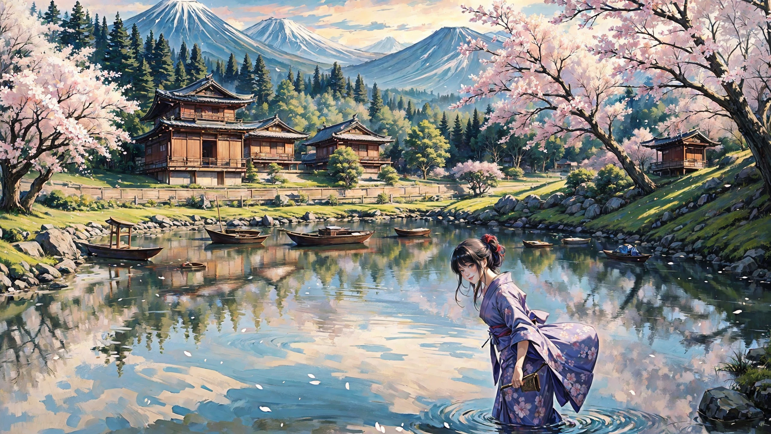 (japanese peasant woman:1.3), (oil paint:1.2) portrait), (hyperrealism),  happy smile, pretty, beautiful, lovely, in love, japanese (landscape:0.8), fishers (village), Lilac short yukata, (very detailed), dog, peasants, sakura trees, boat, best quality, realistic, sharp focus, sunny sky, natural light, backlight, shadows, high contrast, hdr,  reflections, <lora:Detail Tweaker LoRA add_detail:0.7>  <lora:depth_of_field_slider_v1:5> <lora:SDXLrender_v2.0:0.8> <lora:PAseer's Oil and Ink Painting v1:0.5>