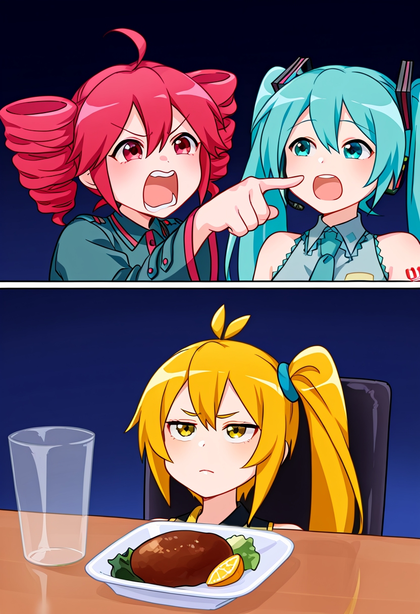 masterpiece, best quality, absurdres, woman_yelling_at_cat_(meme), comic, 3girls, 
BREAK
hatsune miku, kasane teto, pointing, pointing at another, looking at another,
BREAK
akita neru, looking up, upper body, closed mouth, food, table,
 <lora:Woman_yelling_at_cat_meme:1>