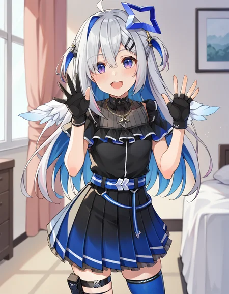 score_9, score_8_up, score_7_up, score_6_up, score_5_up, score_4_up, source_anime, anime screencap,  BREAK 1girl, solo, standing, indoors, waving,
<lora:Amane_Kanata_Pony:1> amane_kanata, kanata_3rd, long hair, two side up, hairclip, blue star halo, necklace, pleated dress, black dress,  blue belt, black gloves, thigh strap, blue thighhighs, single thighhigh, black sock, asymmetrical legwear, white boots