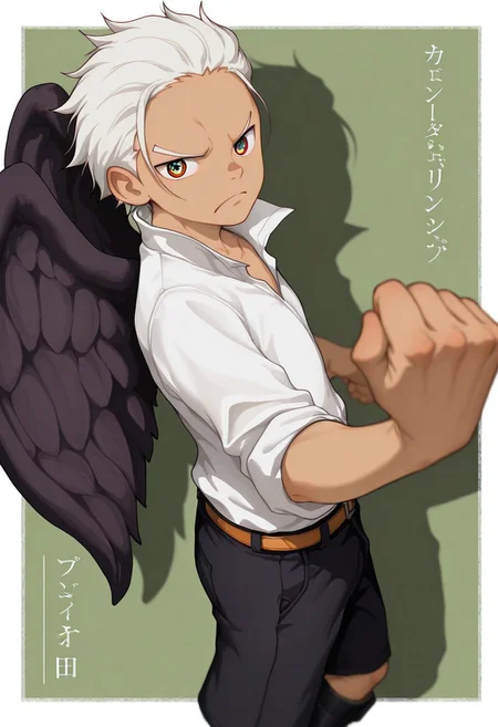 1boy,SHawk, White Hair, Orange Eyes, Star Shaped Pupils, Tan Skin, Black Wings, White Shirt, Sleeves Rolled Up, Black Shorts, Belt, Black Boots, 
looking at viewer, dynamic expression,
male focus, 1boy, solo, cowboy shot, from side,
cover page, cover, foreshortening, green background, white background, graphic border, cinematic, intricately detailed illustration, depth of field, masterpiece, best quality, amazing quality, very aesthetic, absurdres, newest, very awa,  shadow, dynamic angle, casual cosplay, dynamic pose, beitemian style