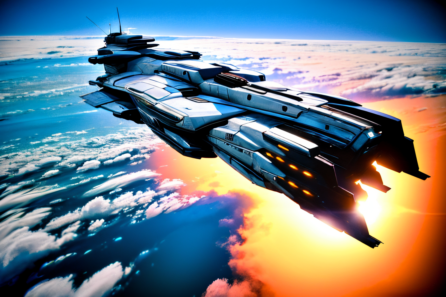 (Realistic:1.5) (masterpiece) cloud, from above, warship, science fiction, cityscape, holding gun, pilot suit, 1980s (style), gradient, robot, <lora:EdobSpaceShip01_v1.0:0.8>