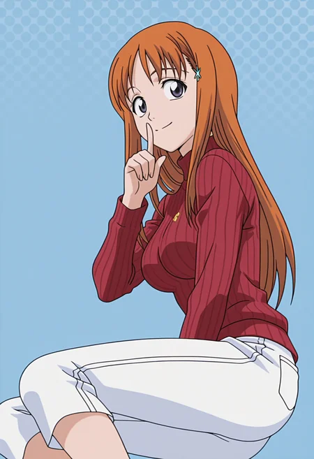 masterpiece, best quality, amazing quality, anime screencap, anime coloring, 1girl, solo, <lora:DX888Orihime:1> inoue orihime, grey eyes, orange hair, long hair,
hairclip, turtleneck sweater, ribbed sweater, capri pants, white pants BREAK blue background, halftone background, (simple background:1.2) BREAK (dynamic pose:1.2), smile, blsuh, shushing, yokozuwari, from below, from side,