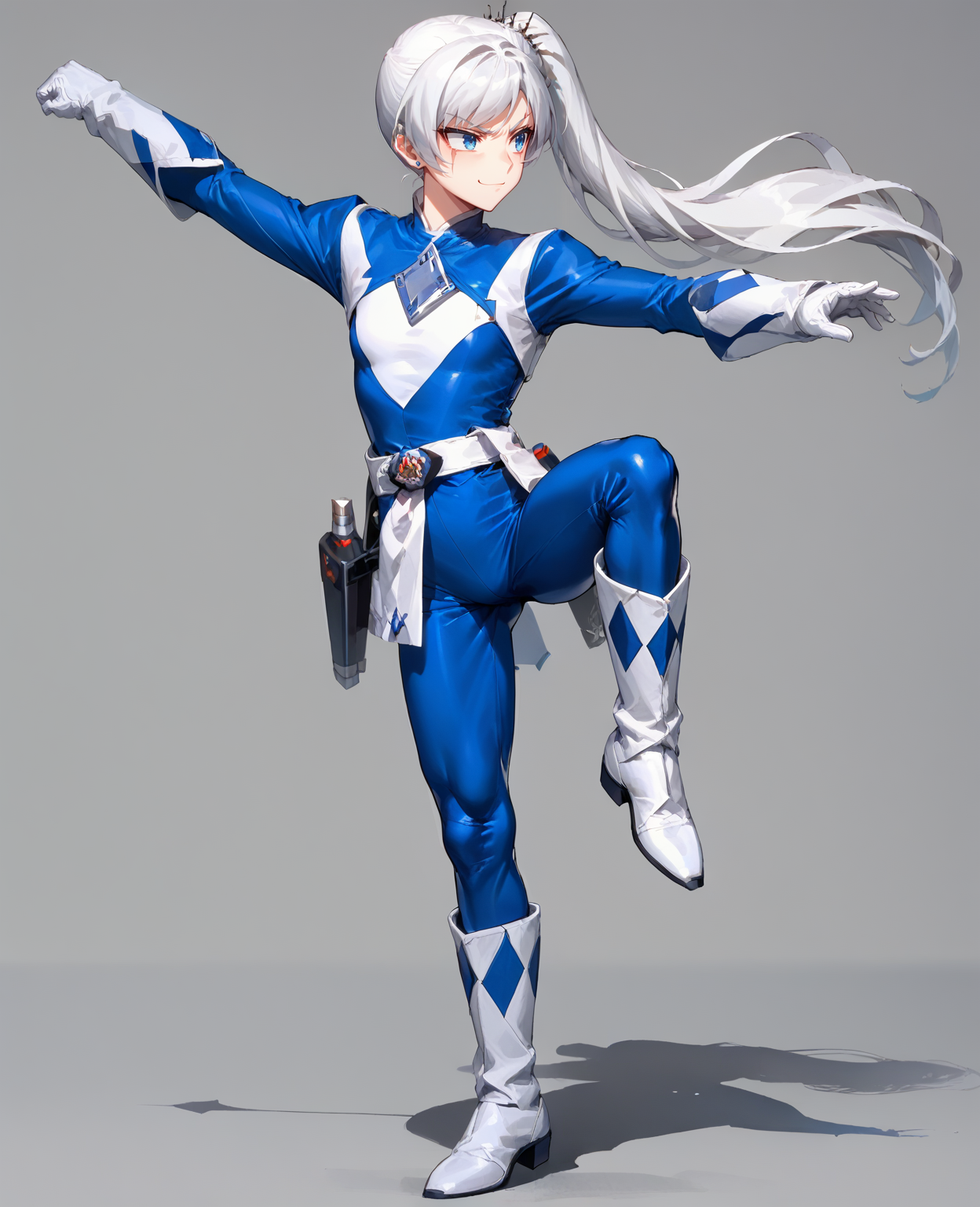score_9, score_8_up, score_7_up , masterpiece, full body, Cranemb, stance, standing on one leg
WeissSchnee, 1girl, white hair, blue eyes, long hair, side ponytail, scar across eye, BluePowerranger, Tight suit, diamond patterns suit, small breasts, (lithe), skinny, <lora:Weiss-Schnee-RWBY-PDXL_Ark-Ai_v1:0.5>,
white gloves, glossy finish,  blue accents, white belt, vibrant color, white boots,blue colored suit, Holster,
white background, simple background,
 <lora:Ultimate-Power-Ranger-Cosplay-PDXL_Rodriog3321_v1:0.8>,
 <lora:Crane-stance-Martial-Arts-PDXL_MisterBones_v1:0.7>,
 <lora:Skinny-Body-Girl-PDXL_Huafgjaio_v1:0.2>,
