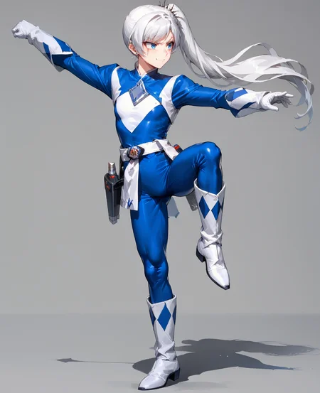score_9, score_8_up, score_7_up , masterpiece, full body, Cranemb, stance, standing on one leg
WeissSchnee, 1girl, white hair, blue eyes, long hair, side ponytail, scar across eye, BluePowerranger, Tight suit, diamond patterns suit, small breasts, (lithe), skinny, <lora:Weiss-Schnee-RWBY-PDXL_Ark-Ai_v1:0.5>,
white gloves, glossy finish,  blue accents, white belt, vibrant color, white boots,blue colored suit, Holster,
white background, simple background,
 <lora:Ultimate-Power-Ranger-Cosplay-PDXL_Rodriog3321_v1:0.8>,
 <lora:Crane-stance-Martial-Arts-PDXL_MisterBones_v1:0.7>,
 <lora:Skinny-Body-Girl-PDXL_Huafgjaio_v1:0.2>,