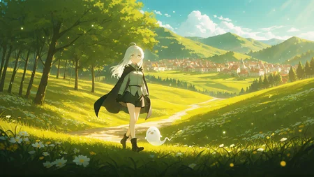 mature female, white hair,white skin, (white pupils), (grey eyes), tareme, (long hair), ahoge, small breasts,bandaid on nose ,(grey shirt),collared shirt,untucked shirt , long sleeves ,(black cape) ,black miniskirt, black gloves,,(cute ghost)
,BREAK ,(fantasy),wide shot,medieval,light particles,bloom,glowing ,shadow,path,hill,blue sky,cloud,town,walking,sunlight,day,grass,trees,flowers,green theme,solo
,BREAK,(masterpiece, best quality, very aesthetic, absurdres),scenery,high detailed background,Dramatic Lighting, pose , <lora:WSSKX_WAI:0.6> ,,usnr, ,<lora:Himehajime:0.2>, <lora:Antifreeze_IllXL:0.4> ,