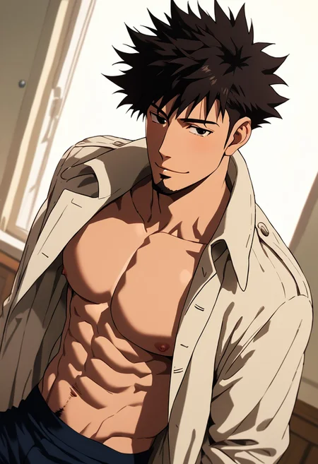 score_9, score_8_up, score_7_up, score_6_up, perfect anatomy, perfect proportions, best quality, masterpiece, high_resolution, high quality, solo male, Genma Shizume, black hair, (medium hair, slight spiky hair, spread hair:1.4), black eyes, (sideburns, facial hair, chinstrap beard, jawline beard:1.2), (beige trench coat, open trench coat, long coat:1.3), bare chest, bare abdomen, pecs, abs, black pants, adult, mature, masculine, manly, handsome, charming, alluring, seductive, calm eyes, smile, (perfect eyes, perfect mouth), undressing, upper body, cowboy shot, (dutch angle), look at viewer, view from side, photo background