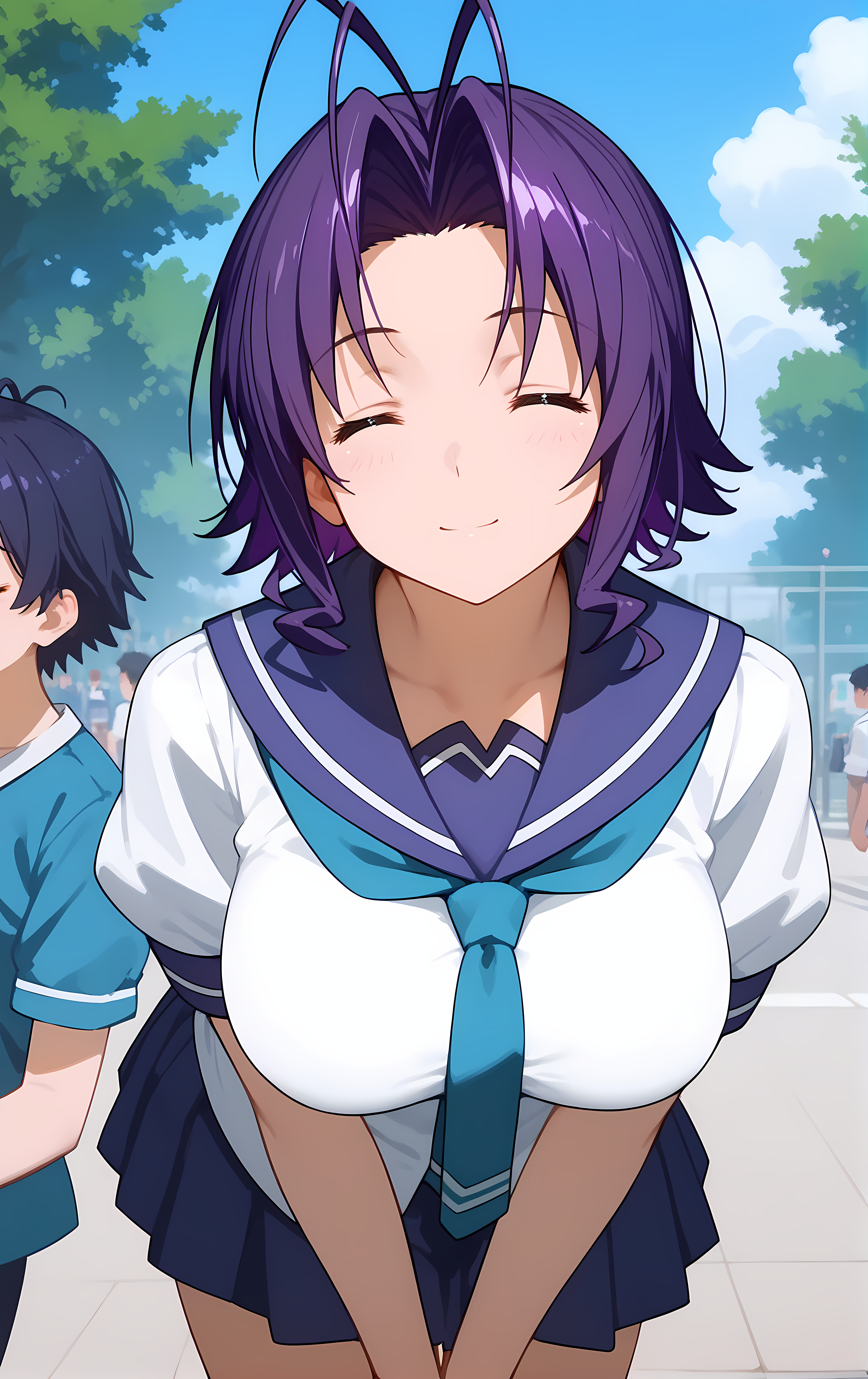 (score_9, score_8_up, score_7_up), standing, leaning forward, looking at viewer, light smile, closed mouth, shiny skin, tight clothes,
ohwx, 1girl, solo, closed_eyes, short_hair, blue_hair, purple_hair, antenna_hair, breasts, large_breasts,
school_uniform, skirt, serafuku, pleated_skirt,
park,
cowboy shot, dutch angle, close-up,
 <lora:yuuka_amato_pony_ss:1>