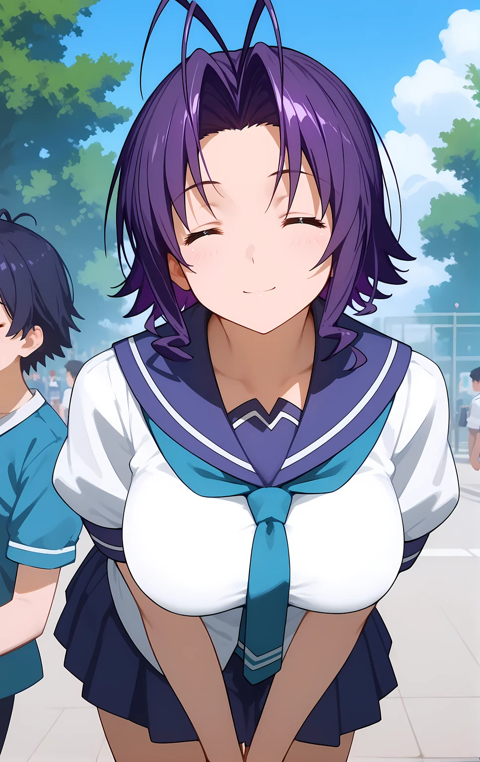(score_9, score_8_up, score_7_up), standing, leaning forward, looking at viewer, light smile, closed mouth, shiny skin, tight clothes,
ohwx, 1girl, solo, closed_eyes, short_hair, blue_hair, purple_hair, antenna_hair, breasts, large_breasts,
school_uniform, skirt, serafuku, pleated_skirt,
park,
cowboy shot, dutch angle, close-up,
 <lora:yuuka_amato_pony_ss:1>