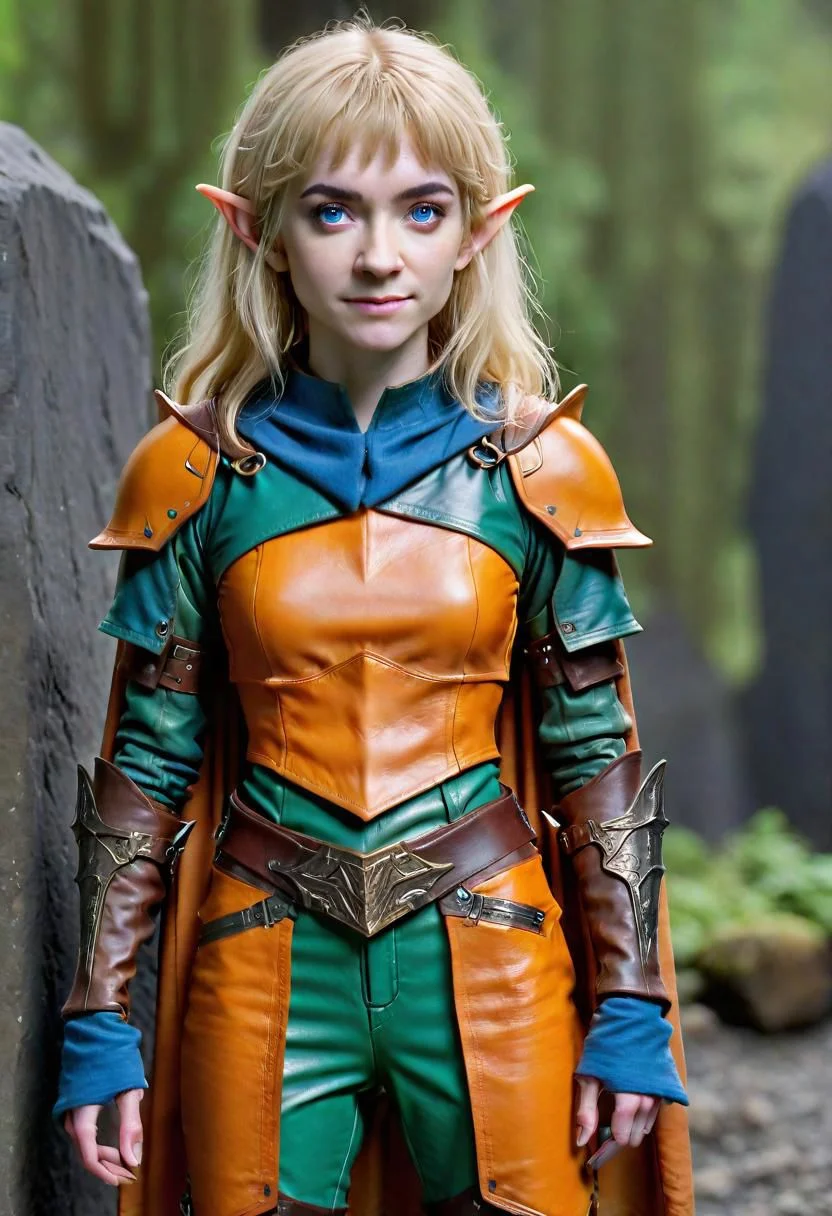 photo of pale (Age 19) female (halfling:1.75), flat chested, rectangle body shape, shaggy blonde, middle part, blue eyes, (F41Arm0rXL orange/green druidic leather armor and pants), homely, tiny, petite, thin, toned, lithe, full body, outdoors, HDR