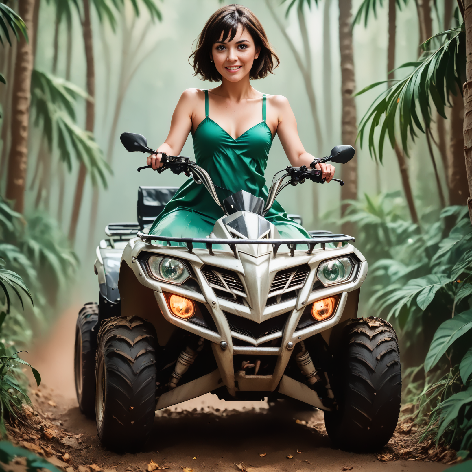 score_9, score_8_up, score_7_up, riqua (front view) , (slim 25yo female) riding a quad. green dress, sneakers , short brunette hair  <lora:RideQuadPony:1>