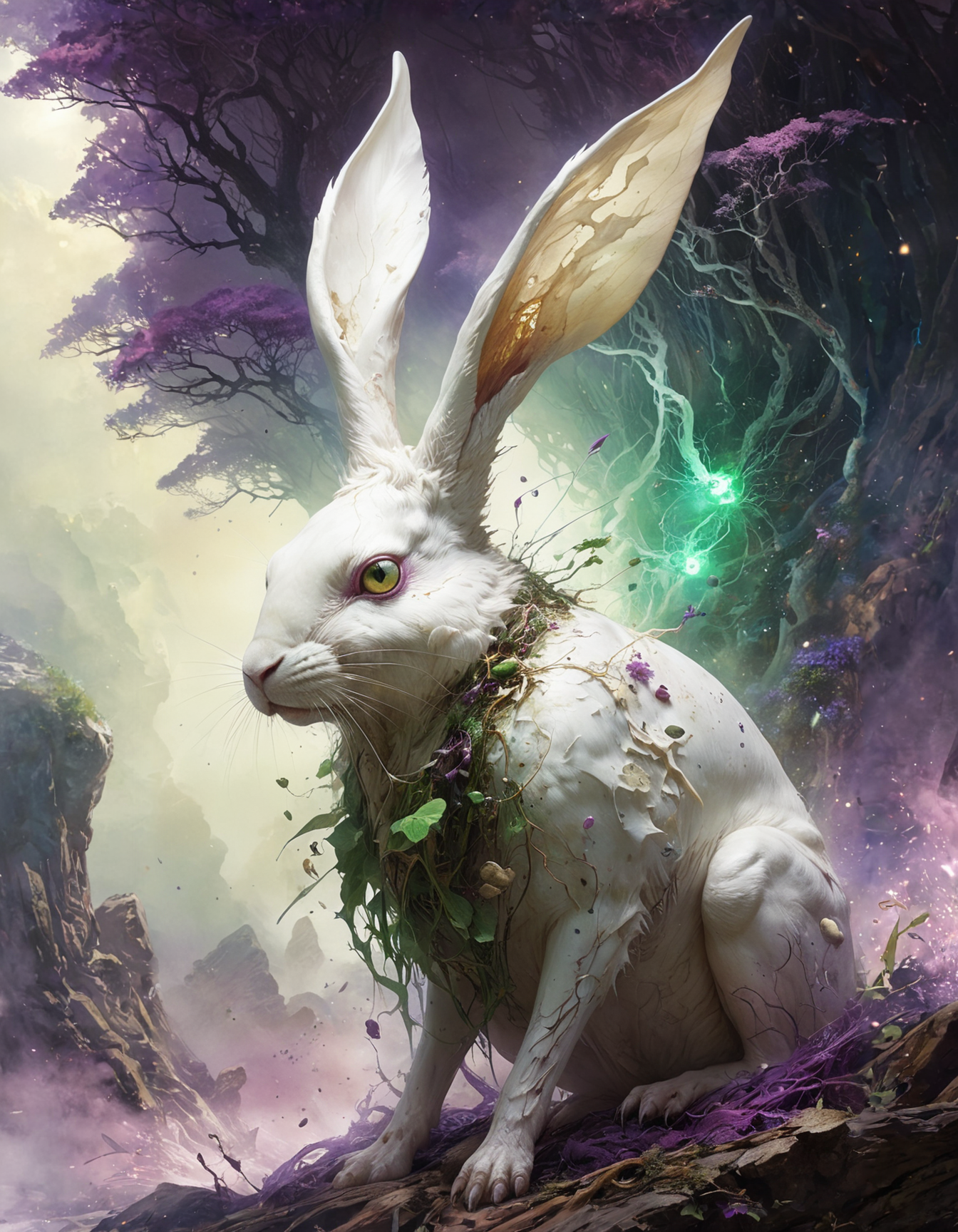 hyper detailed otherworldly landscape,white, ivory, high key, bright, alabaster strange, bizarre, odd, awkward, peculiar, weird, eerie, by Ryohei Hase and by Yoann Lossel,  excellent composition, finest details, maximized details, ultimate detail level, highest aesthetics, intense vibrant harmonic Bright Purple and Kelly Green glowing hue