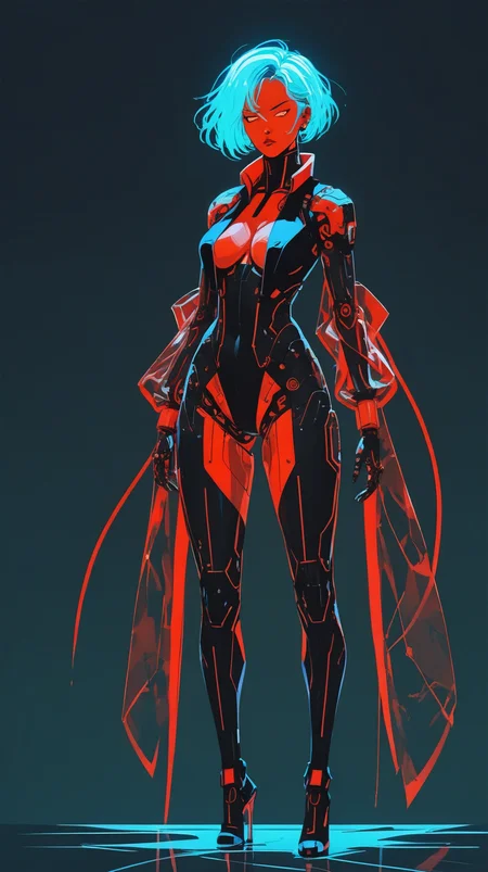 score_9, score_8_up, score_7_up, score_6_up, score_5_up, Jed-dtl, 1 woman, Cybersuit, Sleek, second-skin fit, glossy matte contrast, illuminated circuitry, flexible material, dynamic glow, translucent mesh panels, high collar, plunging neckline, futuristic, curve-enhancing, breathable, neon accents, adjustable lighting, form-fitting, edgy, sophisticated, simple background, full body, t3-h <lora:T3-H_art_style:1>