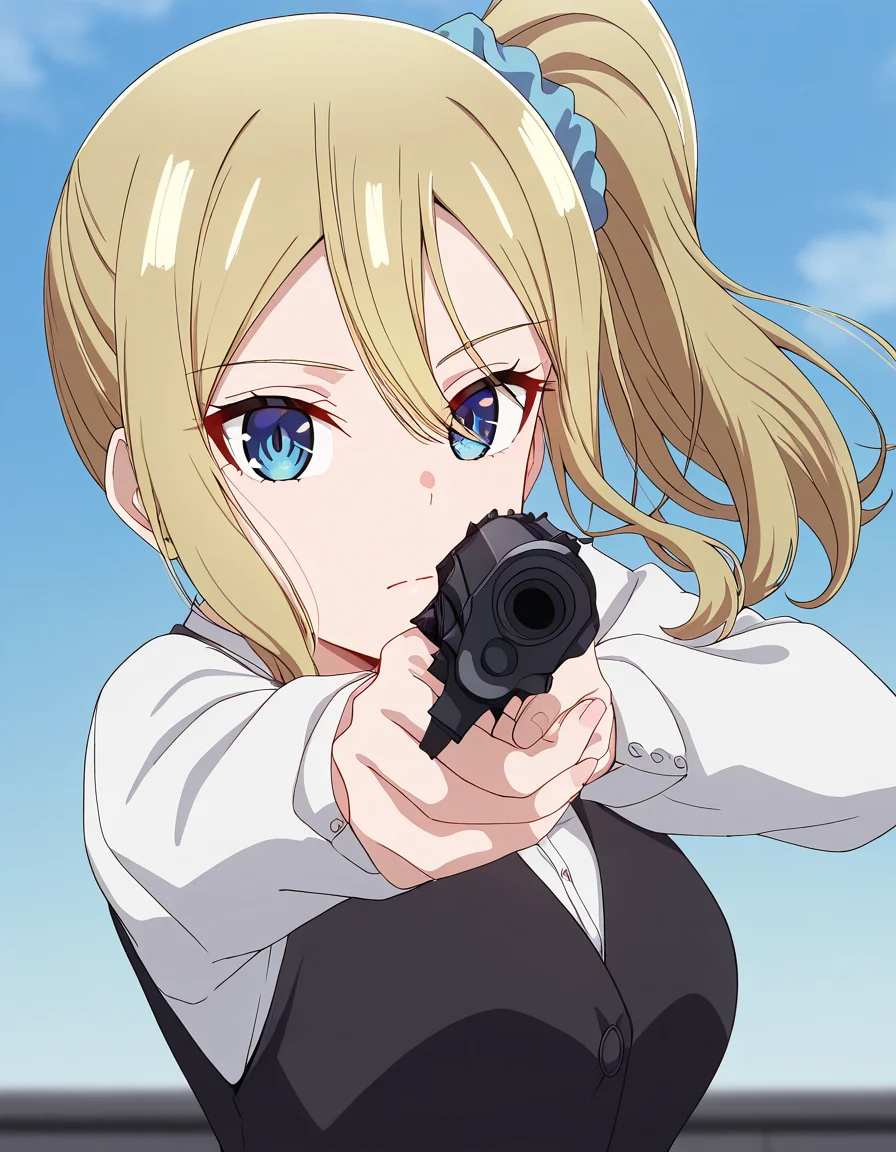 masterpiece, best quality, newest, absurdres, highres, safe,, <lora:ai-hayasaka-s3-ponyxl-lora-nochekaiser:1>, ai hayasaka, bangs, blue eyes, blonde hair, hair ornament, hair between eyes, sidelocks, side ponytail, scrunchie, hair scrunchie, blue scrunchie, medium breasts, anime screencap, <lora:center-axis-relock-stance-illustriousxl-lora-nochekaiser:1>, center axis relock stance, looking at viewer, holding, closed mouth, weapon, holding weapon, gun, holding gun, handgun, aiming, finger on trigger, aiming at viewer, m1911,, ,
