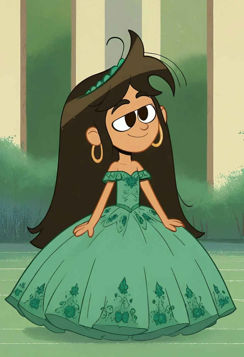 score_9_up, score_8_up, BREAK, 1girl, solo, 1girl, solo,
libby, tan-skinned female, brown hair, long hair, messy hair, brown eyes, droopy eyes, long green dress, crinoline green ball gown, green floor length quinceanera dress, hoop dress, hoop skirt, full body, green princess dress, light smile,