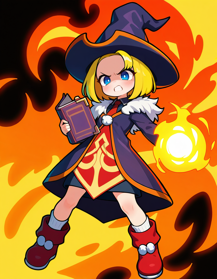 <lora:UsagaJudey_SDXL_Illustrious11_fp16_ver06:1>,UsagaJudey,1girl, solo,blonde hair,one length bob cut hair, forehead, blue eyes,witch hat,necktie,white socks,red boots,fur-trimmed dress,red tabard,skirt,red tabard,holding book,flame background,angry,fireball,, masterpiece, best quality, very aesthetic, absurdres,<lora:detailed_hands:1>,hand